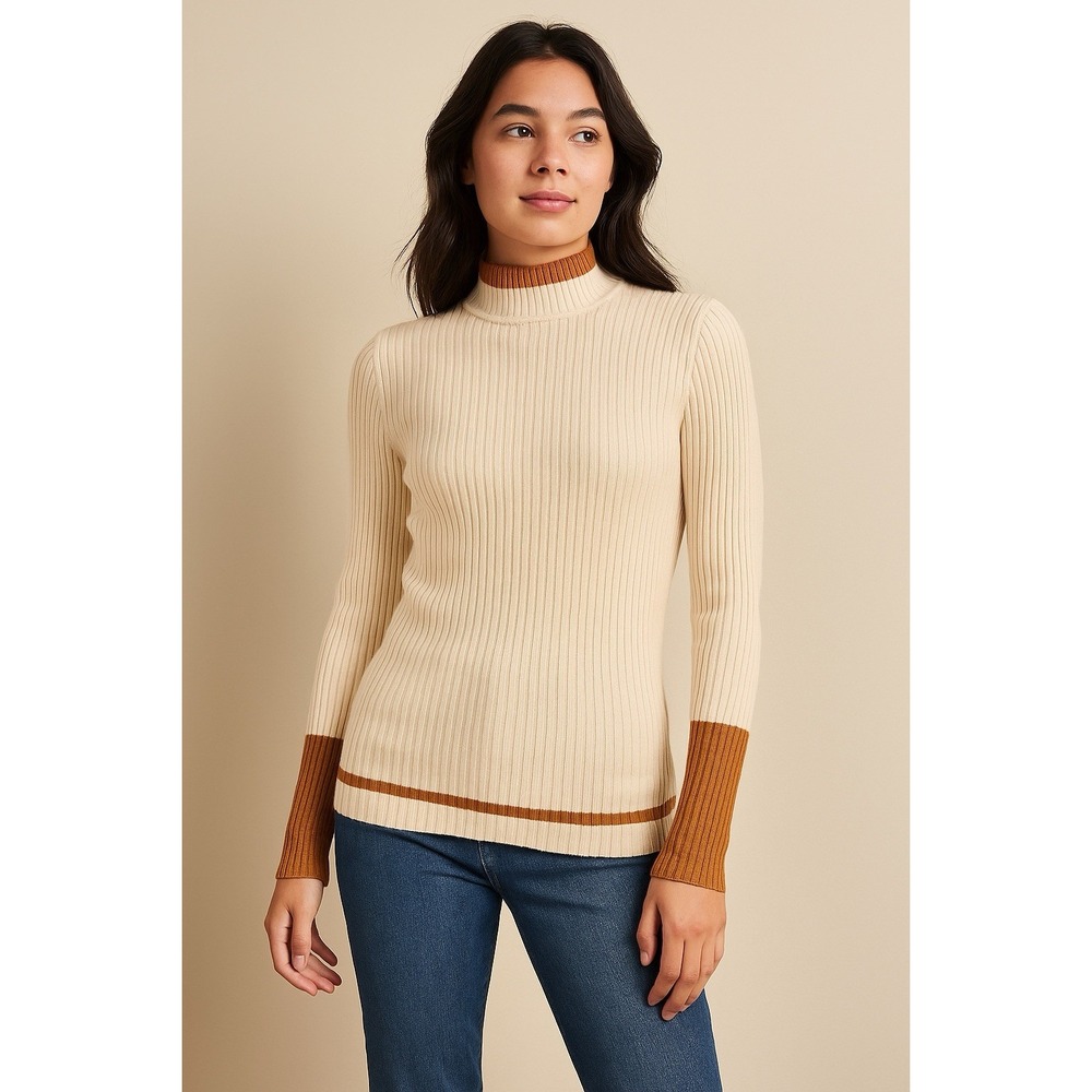 Nine West Sweater Womens XL Cream‎ Gold Metallic Ribbed Mockneck Office Winter
